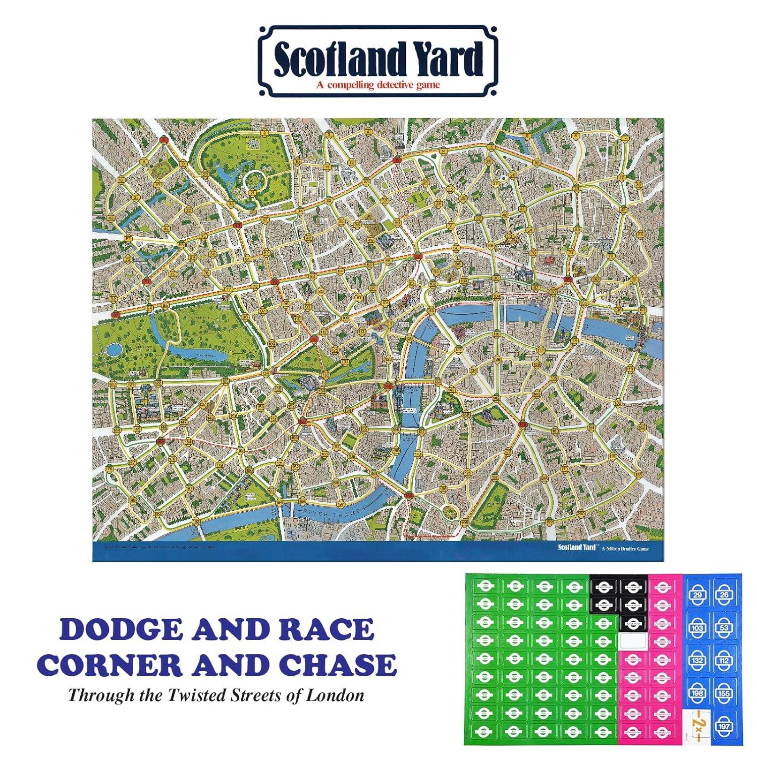 Scotland Yard detective board game map showing detailed London streets and game tokens for chase and strategy play