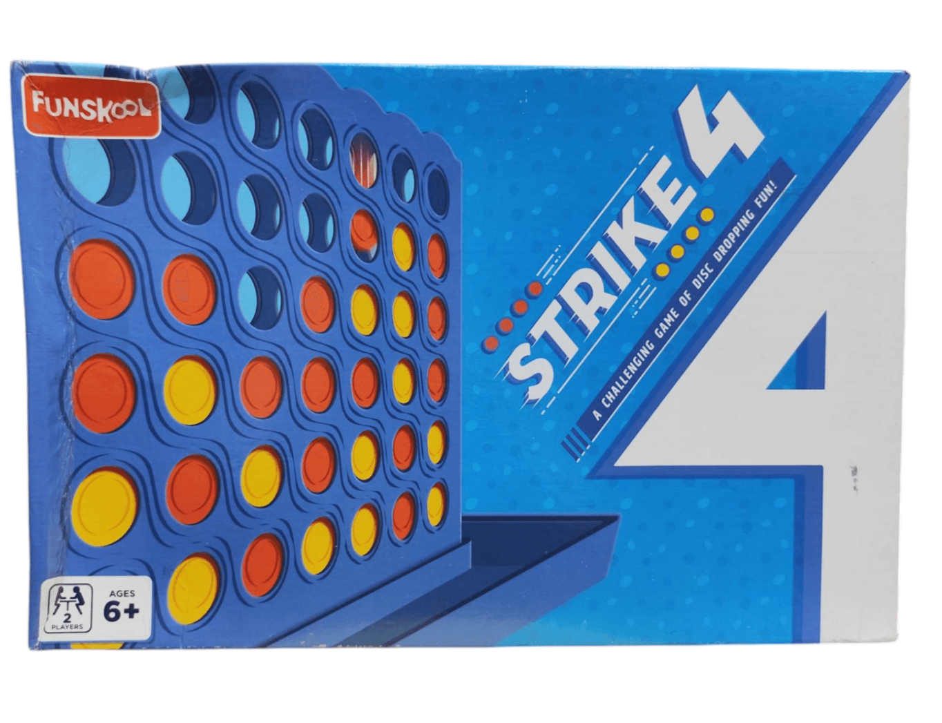 Funskool Strike 4 board game with blue game grid and red and yellow discs for ages 6 and up