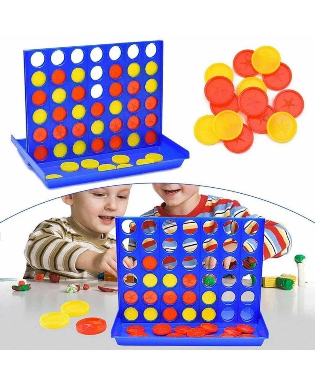 Funskool Strike 4 board game with blue grid and red and yellow discs being played by children