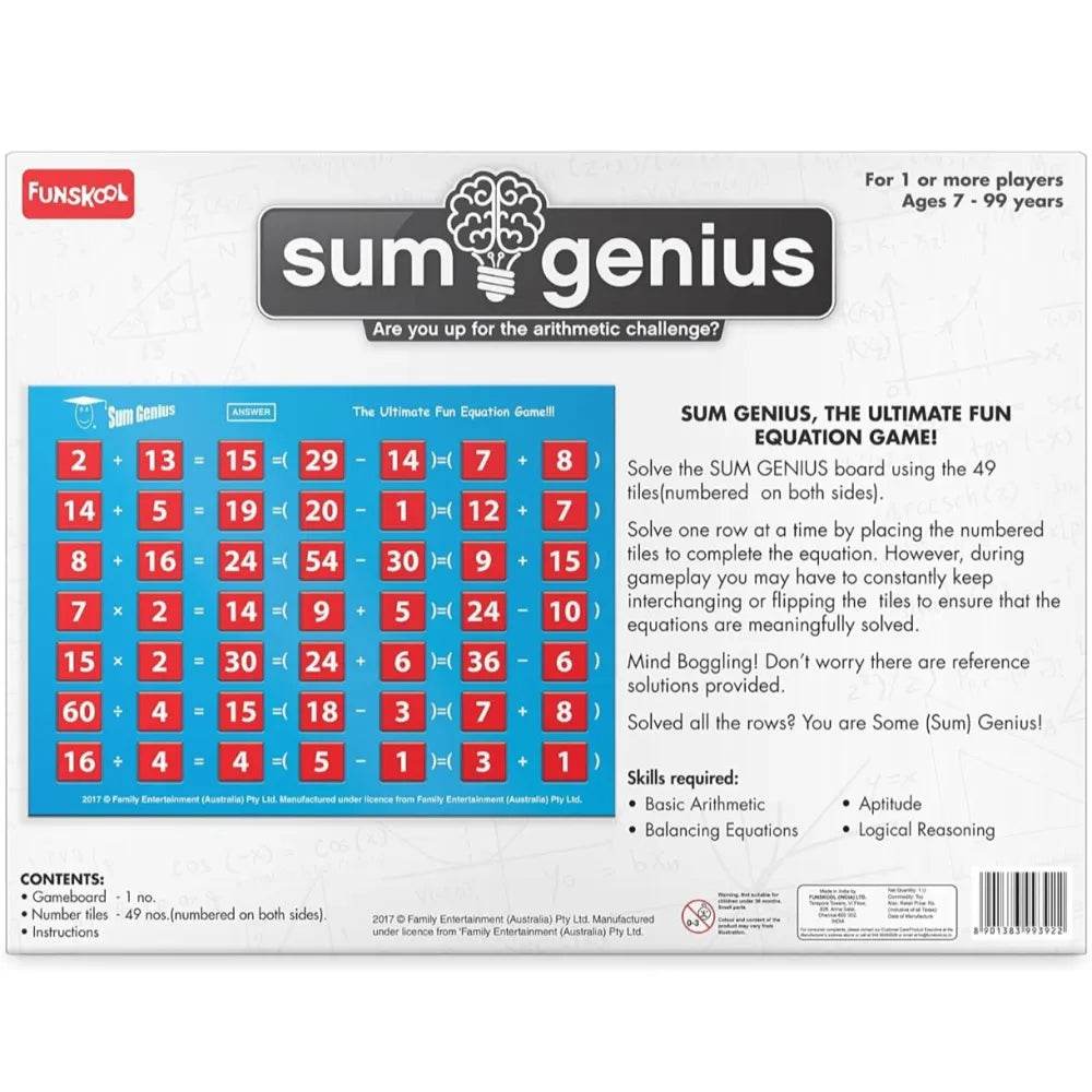 Funskool Sum Genius, Strategy Game, Board Game for kids, Adults, Families, Educational, Fun, 1+ Players, Family Fun, Learning Activity Toy for Childrens, Gift Set for Kid, Ages 7+ Years - T-Rex the toyland Sitamarhi