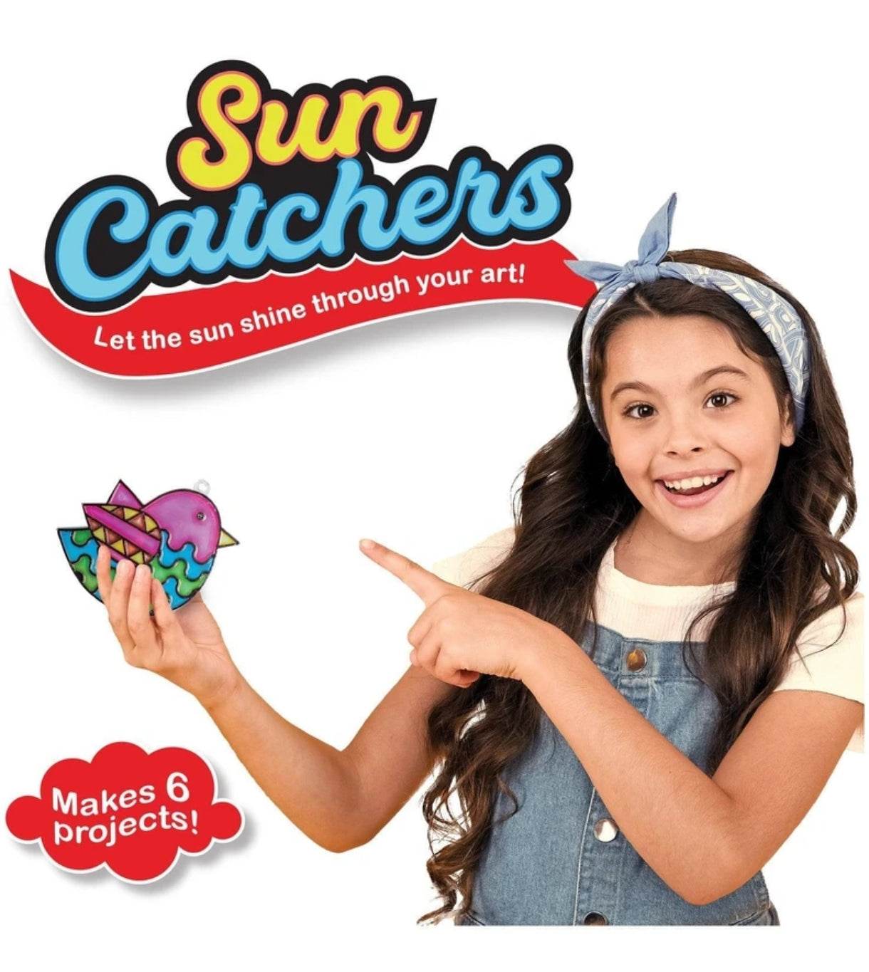 Funskool suncatchers kit for kids with girl holding colorful bird sun catcher art project