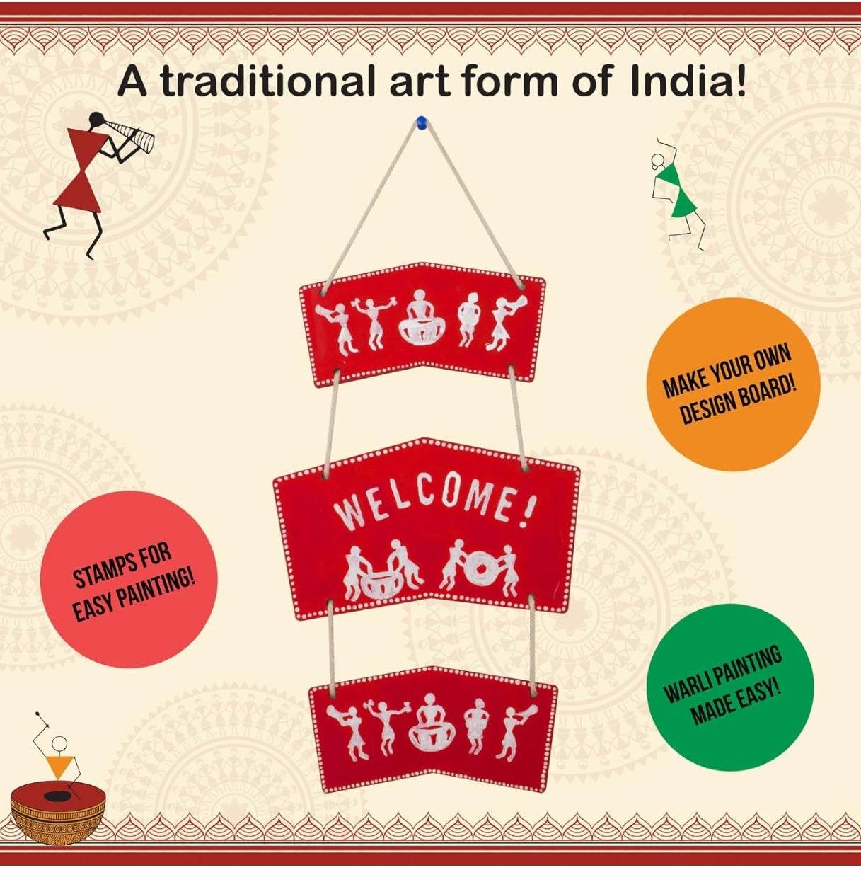 Warli art DIY kit for kids featuring traditional Indian tribal painting stamps and design board