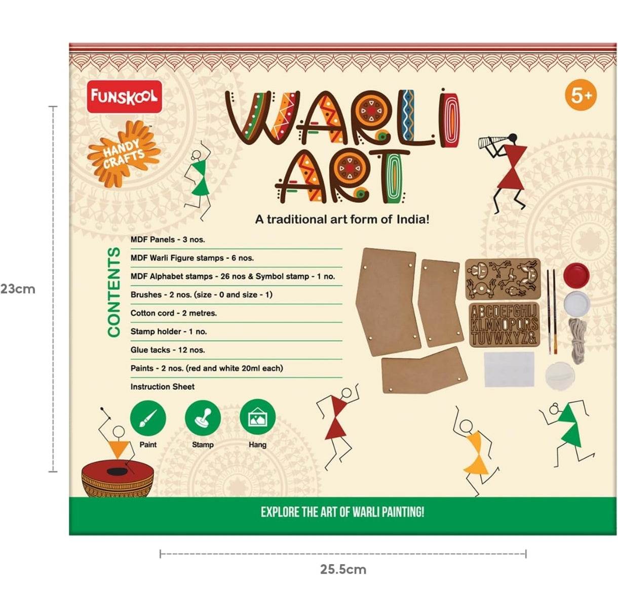 Warli art DIY kit for kids with MDF panels, stamps, paints, brushes, and cotton cord for traditional Indian art