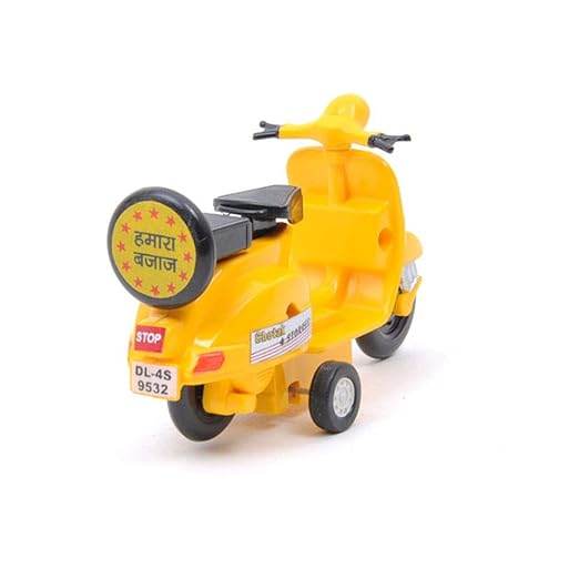 Yellow baby chetak pull back scooter toy with black seat and small training wheels