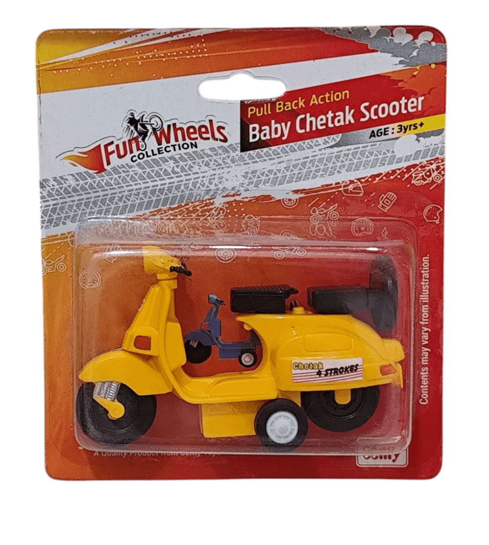Yellow baby chetak pull back scooter toy in packaging for kids age 3 and up