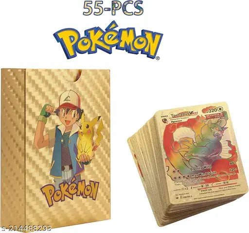Pokémon trading card game packaging with cards and a box featuring Pokémon characters.