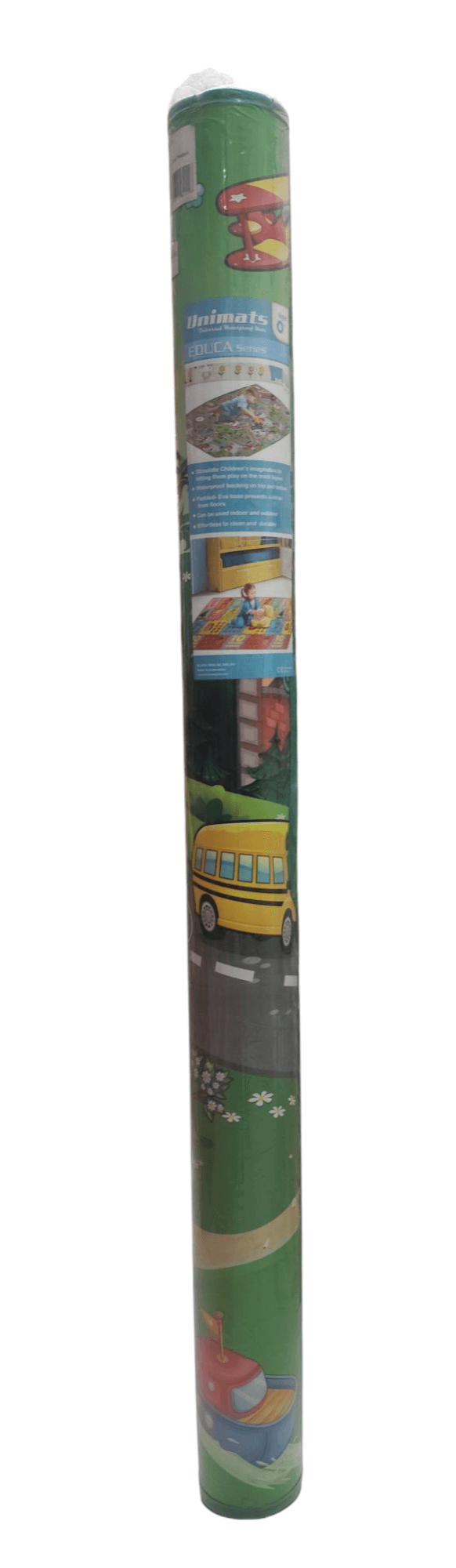 Unimats city road play mat for kids rolled up showing colorful road and vehicle illustrations