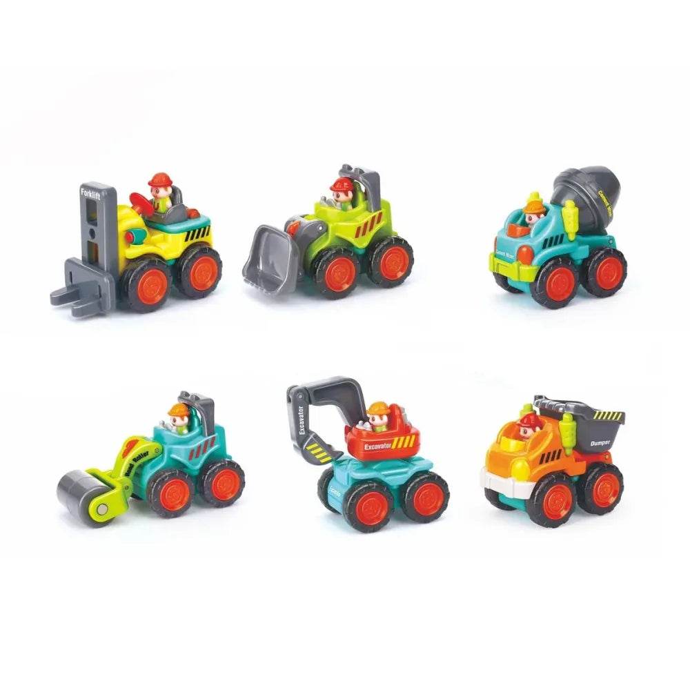 Set of colorful friction powered construction vehicle toys including loader, mixer, excavator, and dumper with driver figures