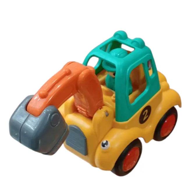 Yellow and green friction powered construction vehicle toys excavator with orange arm and gray bucket