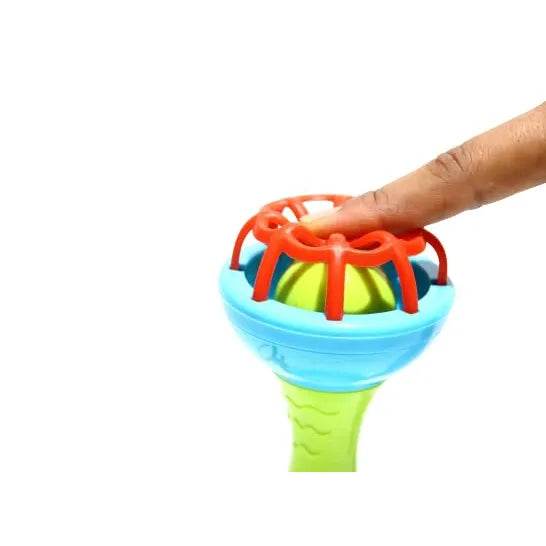 Non toxic baby rattle set with bright blue red and green colors held by adult finger
