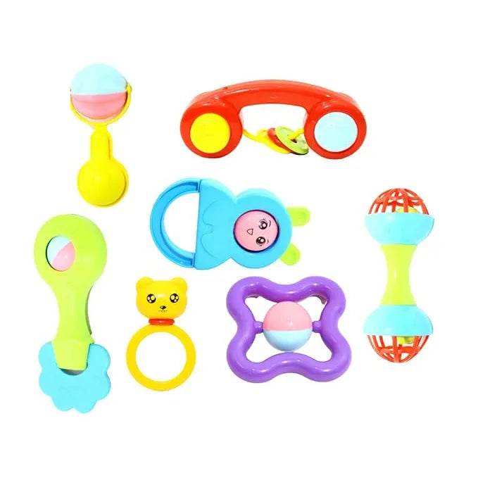 Colorful non toxic baby rattle set with various shapes and bright colors for infant sensory play