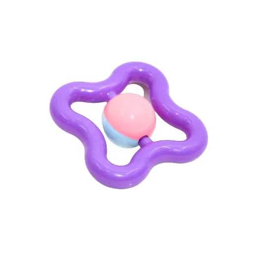 Purple non toxic baby rattle set featuring a soft pink and blue ball in the center