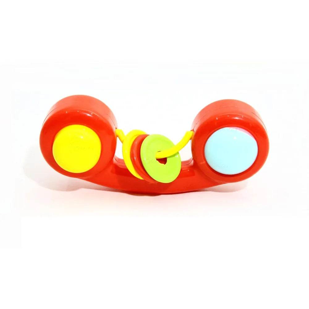 Brightly colored non toxic baby rattle set with red, yellow, blue, and green parts for safe infant play