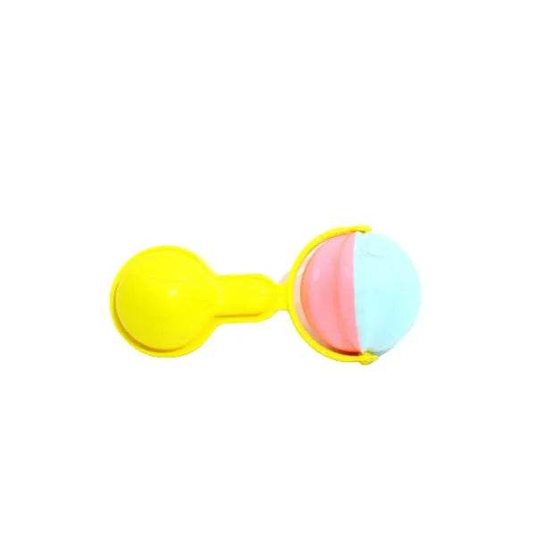 Brightly colored non toxic baby rattle set with yellow handle and pastel pink and blue spheres