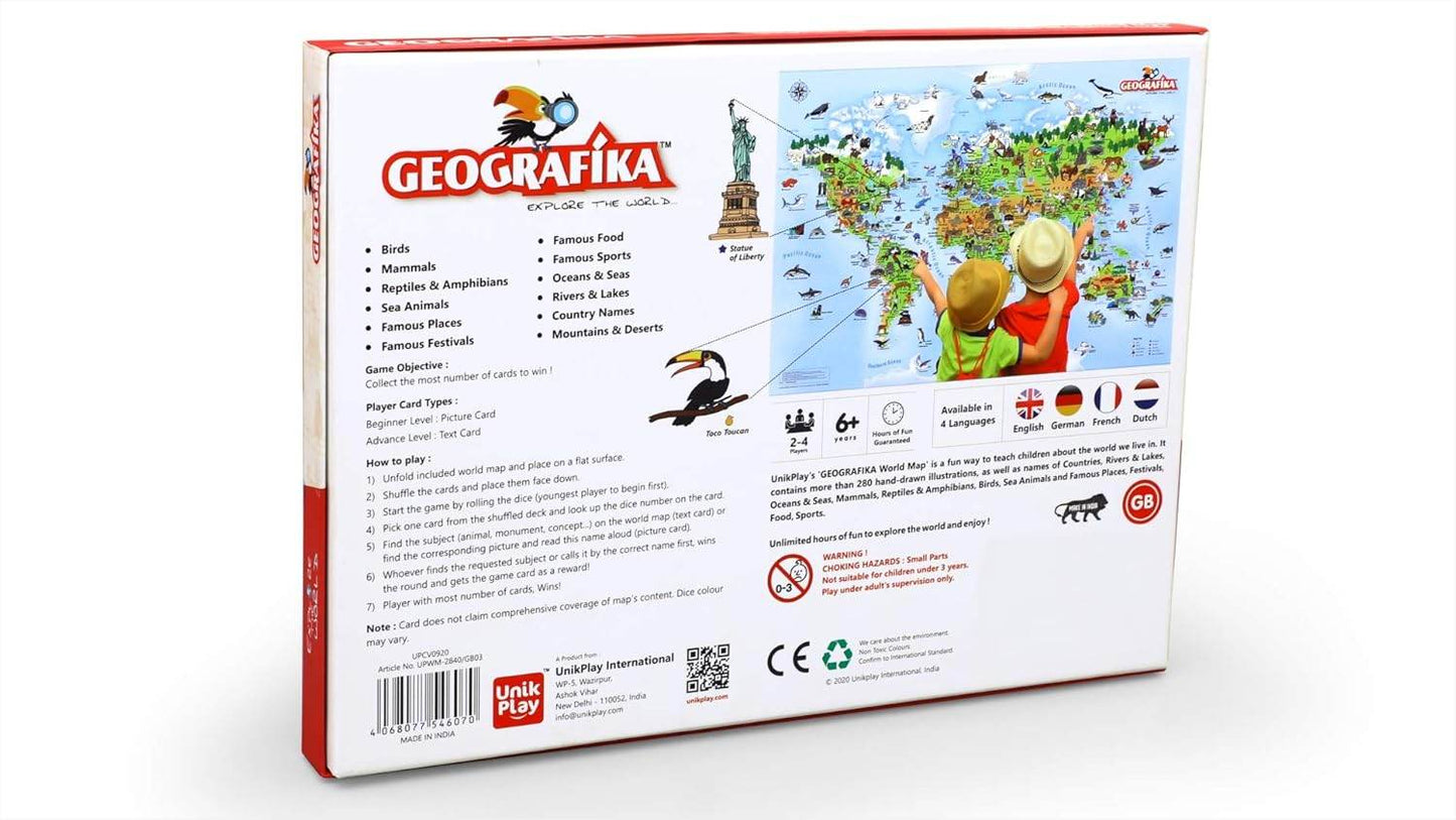 Geografika geography board game with cards showing a map and illustrated animals on the box back