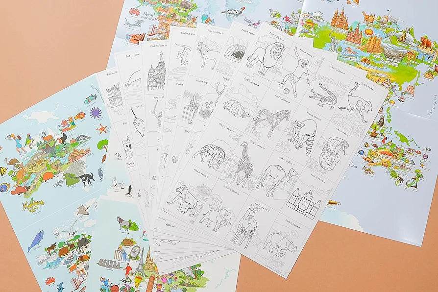 Geography board game with cards featuring illustrated animal and landmark maps for educational fun