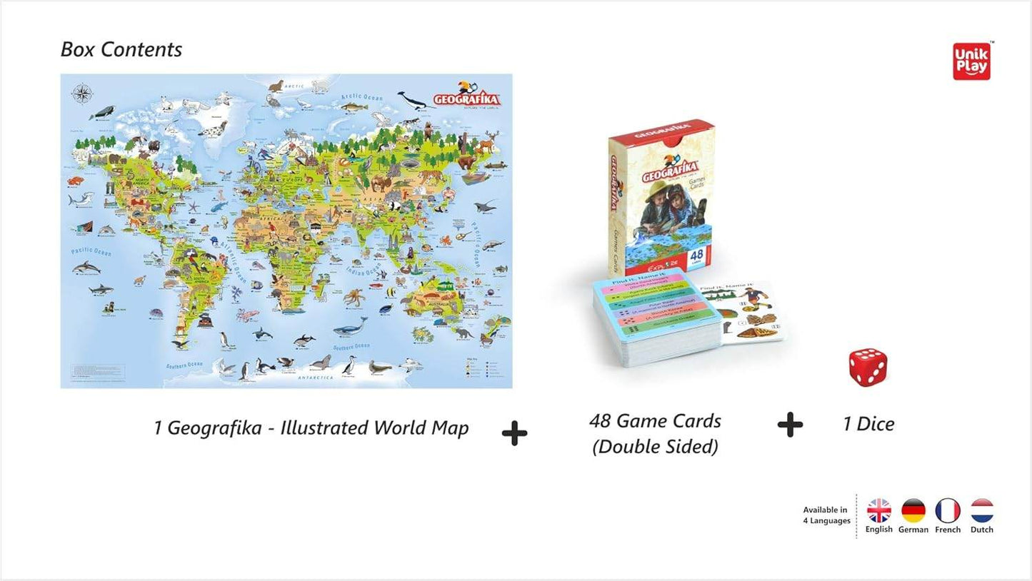 Geography board game with cards including illustrated world map, 48 double sided game cards, and one red dice