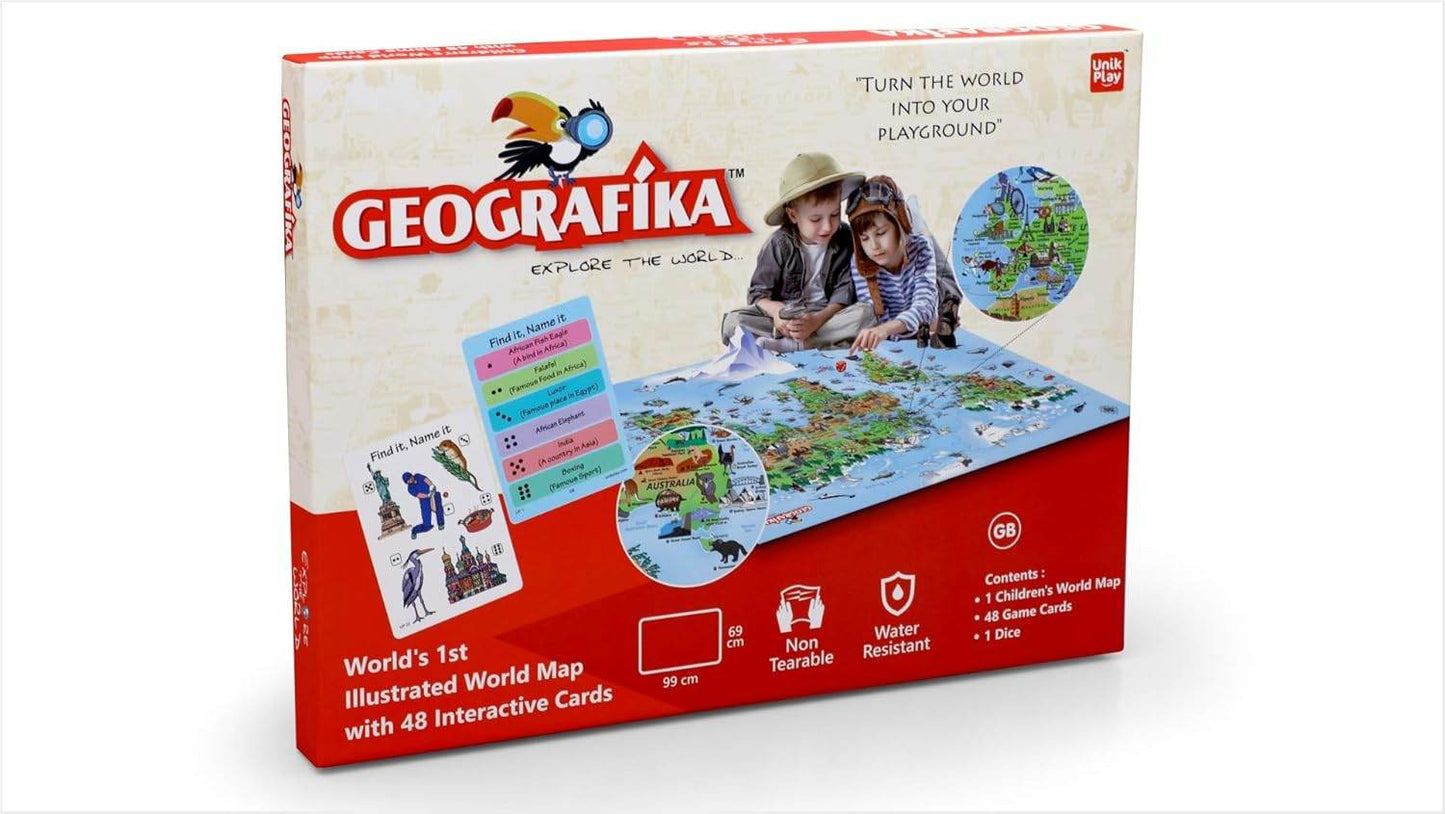 Geografika geography board game with cards featuring illustrated world map and interactive educational gameplay