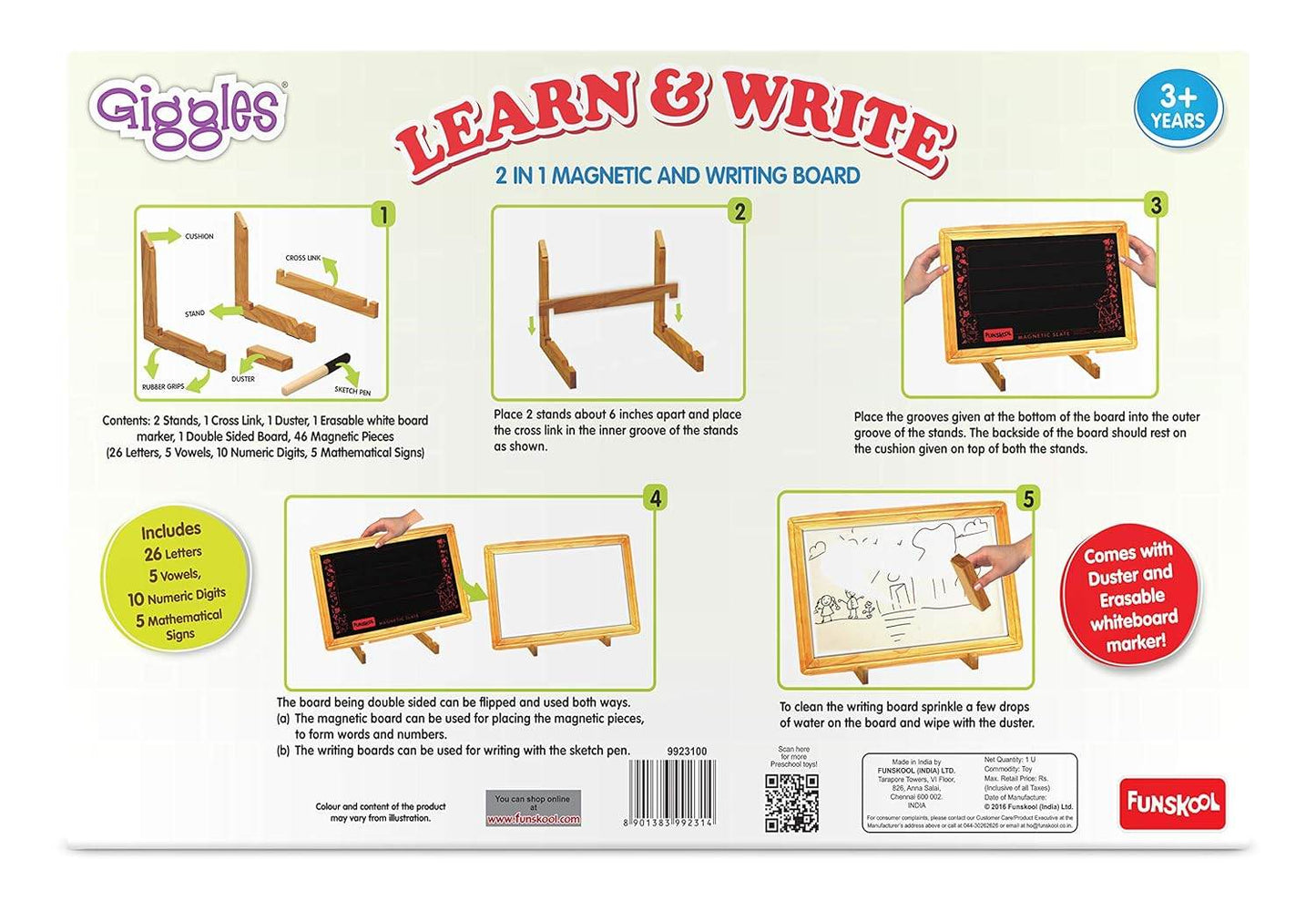 Giggles Funskool Learn N Write Slate, 2in1 Magnetic & Dry Erase Board for Kids, Includes Alphabet & Numbers, Encourages Learning & Development, Preschool Activity Set, Gift Set for Kid, Ages 3+ Years - T-Rex the toyland Sitamarhi