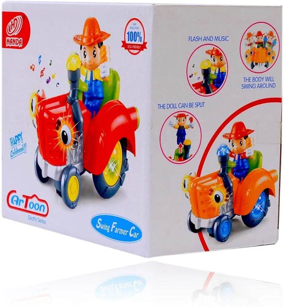 LUMO cartoon light up tractor toy with flashing lights and music featuring a farmer doll that swings and splits