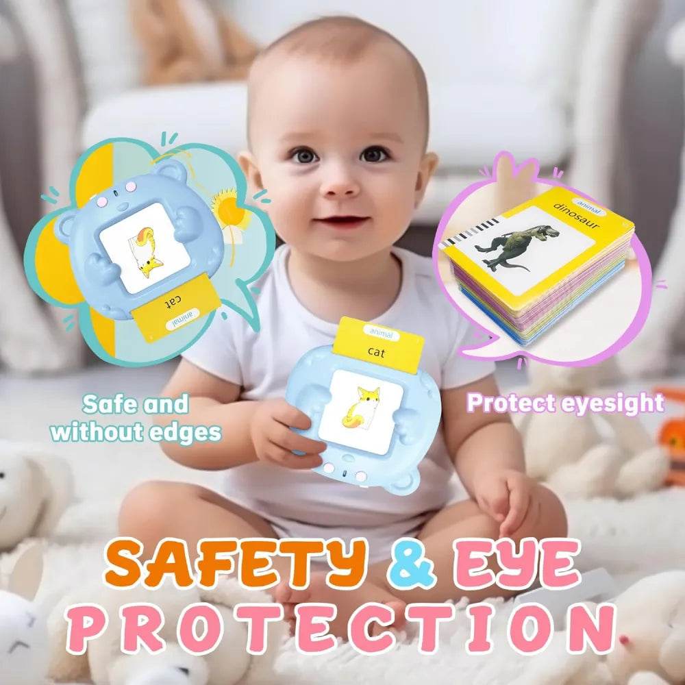 Baby playing with electronic flash cards for toddlers featuring safe edges and eye protection