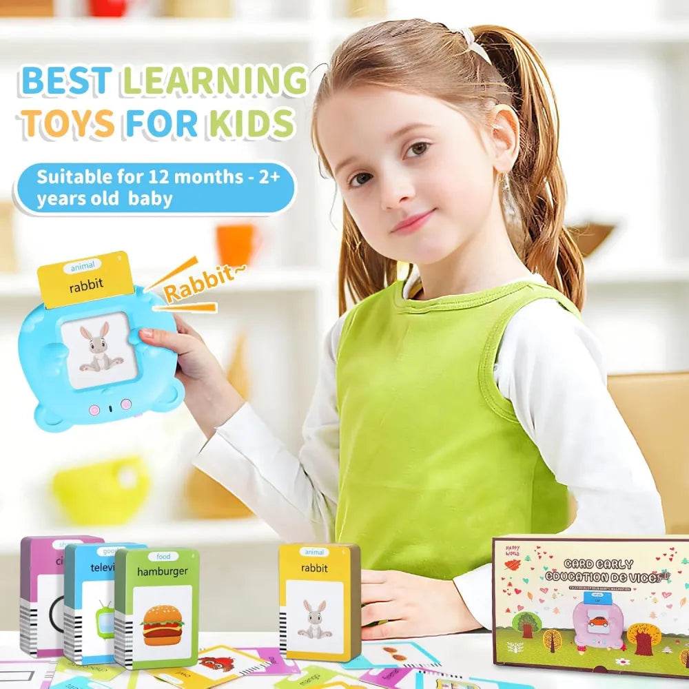 Young girl holding electronic flash cards for toddlers with colorful animal and food images by T-Rex the Toyland Sitamarhi