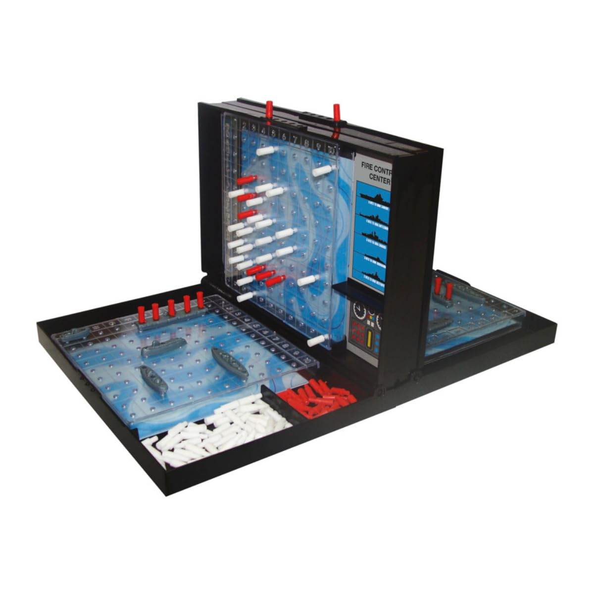 Hasbro Battleship board game with blue grids, red and white pegs, and grey ship pieces setup for play