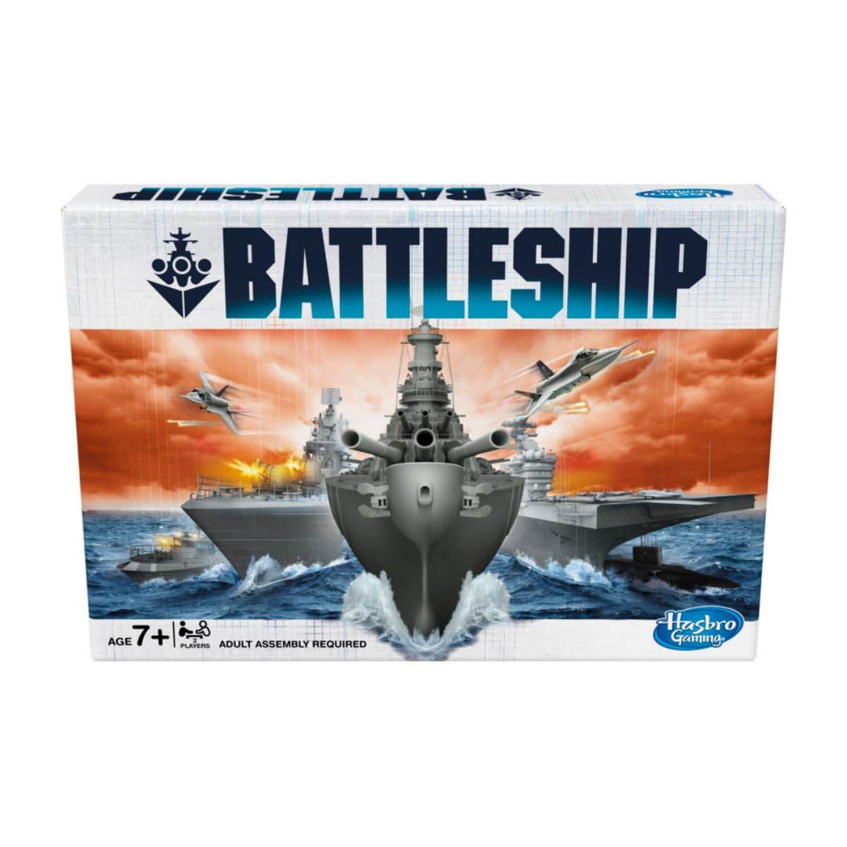 Hasbro Battleship board game box featuring naval warships and fighter jets with an orange sky background