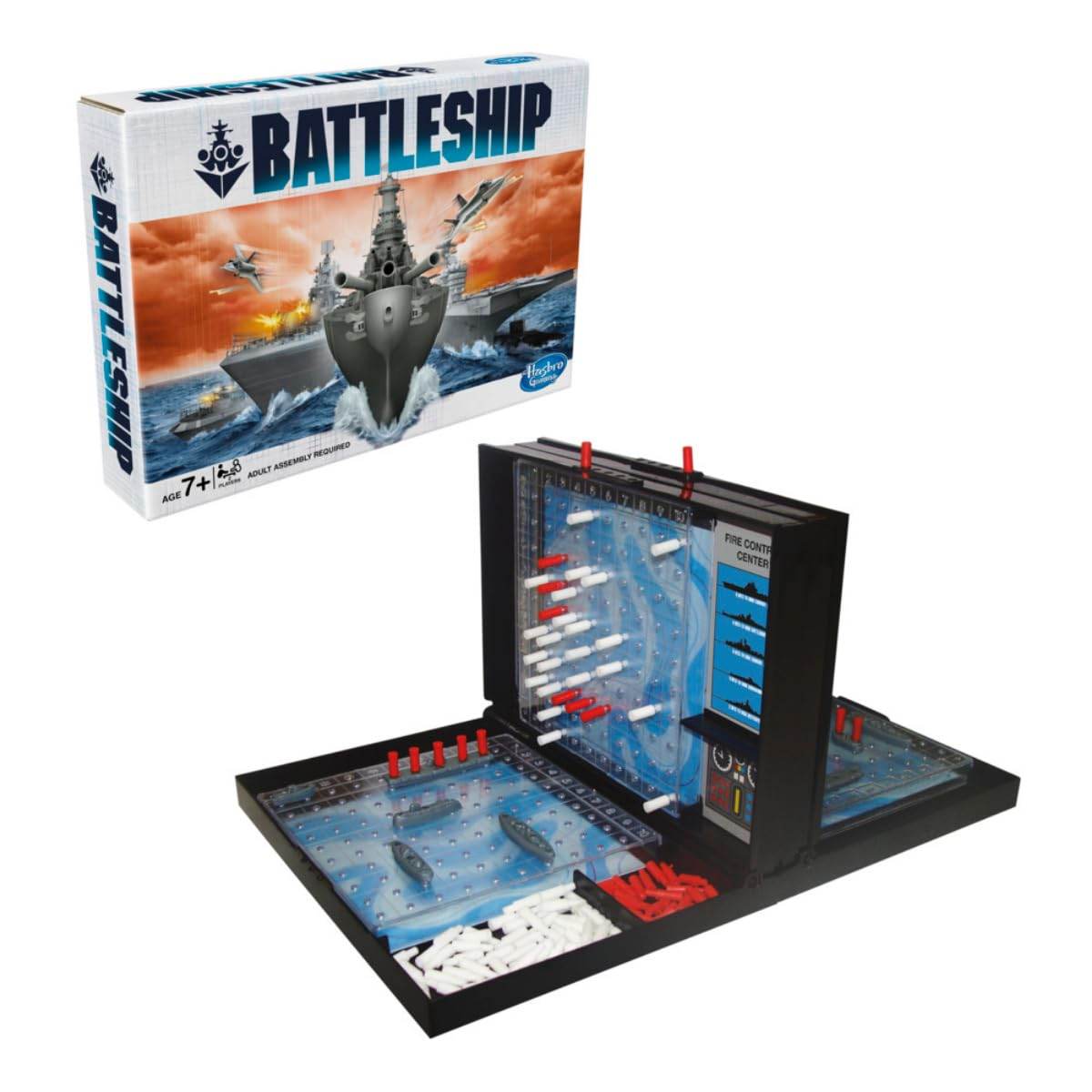 Hasbro Battleship board game with game tray, ships, and red and white pegs for strategic gameplay
