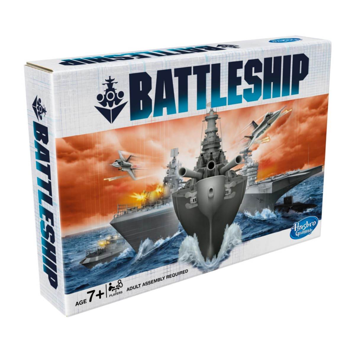 Hasbro Battleship board game box with naval ships and fighter jets in action