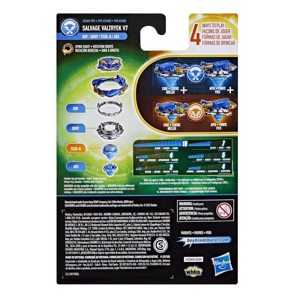 Hasbro Beyblade spinning top with launcher Salvage Valtryek V7 packaging showing assembly parts and instructions