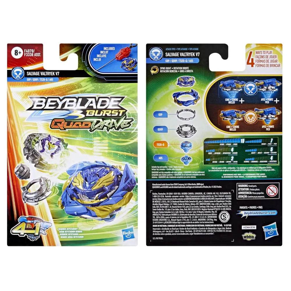 Hasbro Beyblade spinning top with launcher package featuring Salvage Valkyrie V7 QuadDrive Burst toy