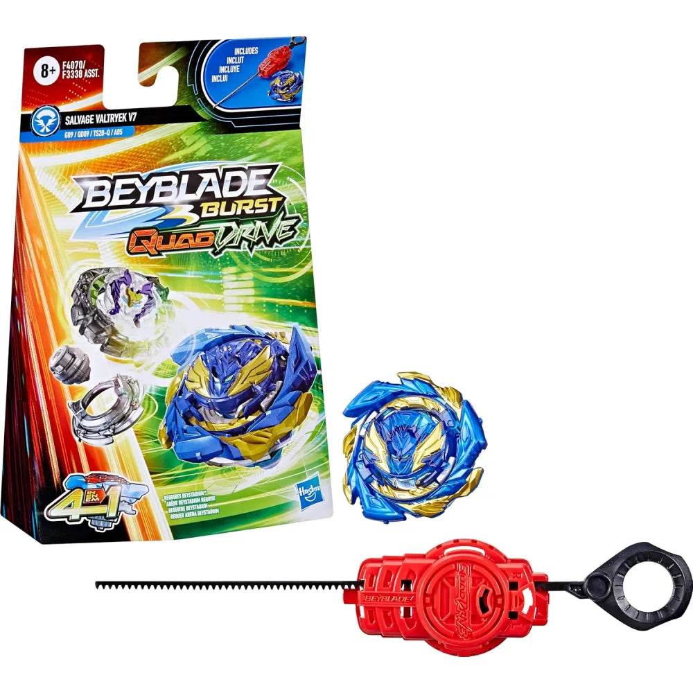 Hasbro Beyblade spinning top with launcher featuring blue and gold top and red ripcord launcher