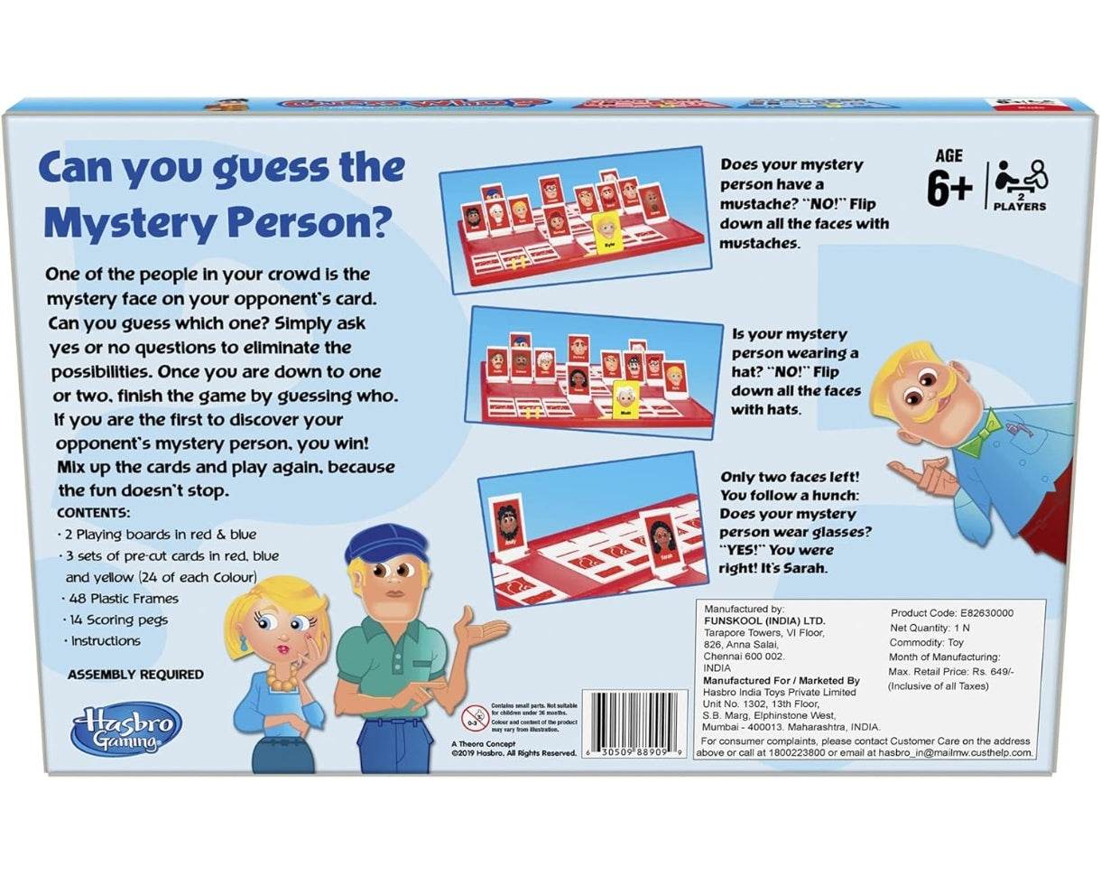 Hasbro Guess Who board game box showing game instructions and character illustrations for ages 6 and up
