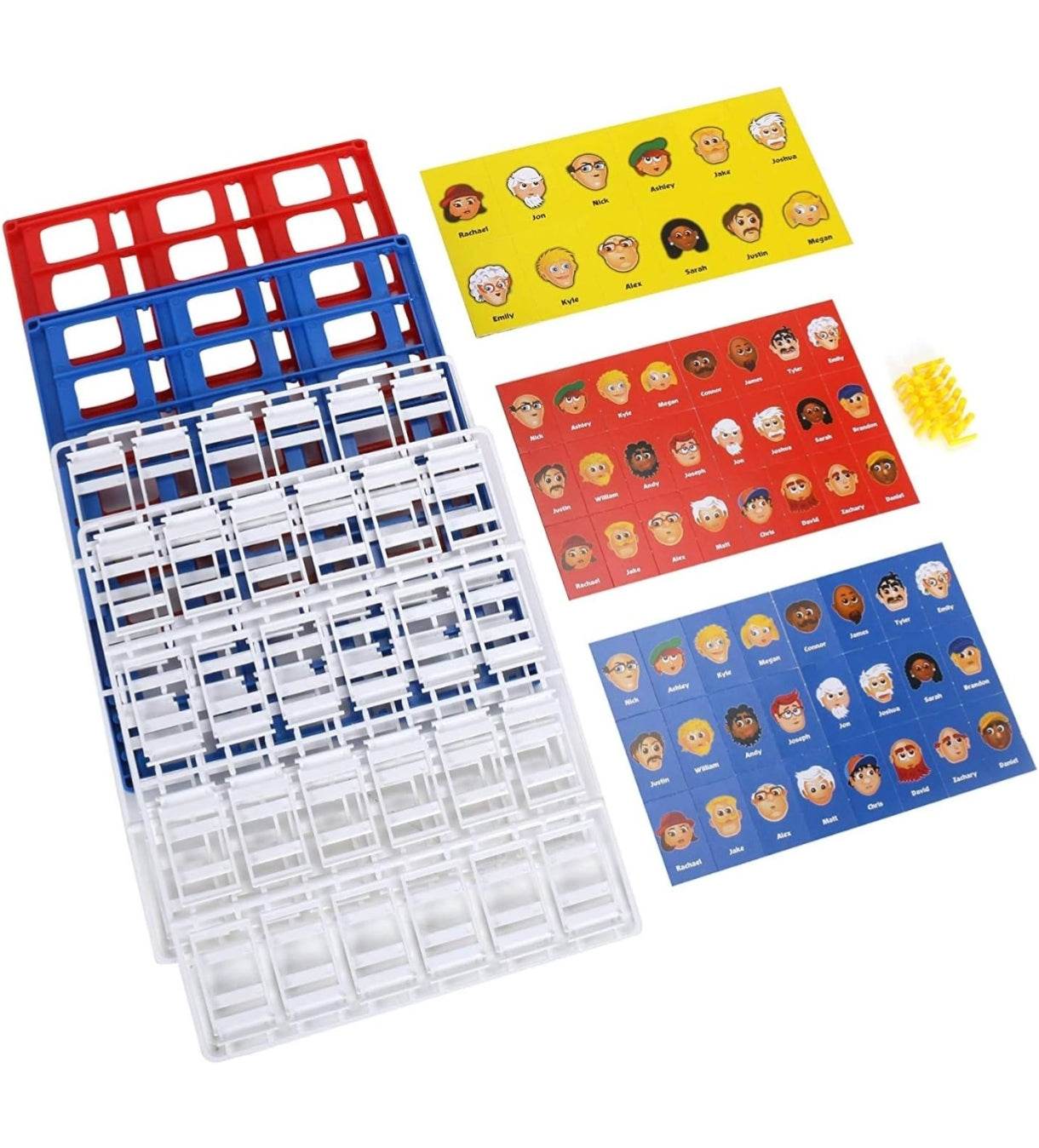 Hasbro Guess Who board game with character cards and red, blue, and white player frames