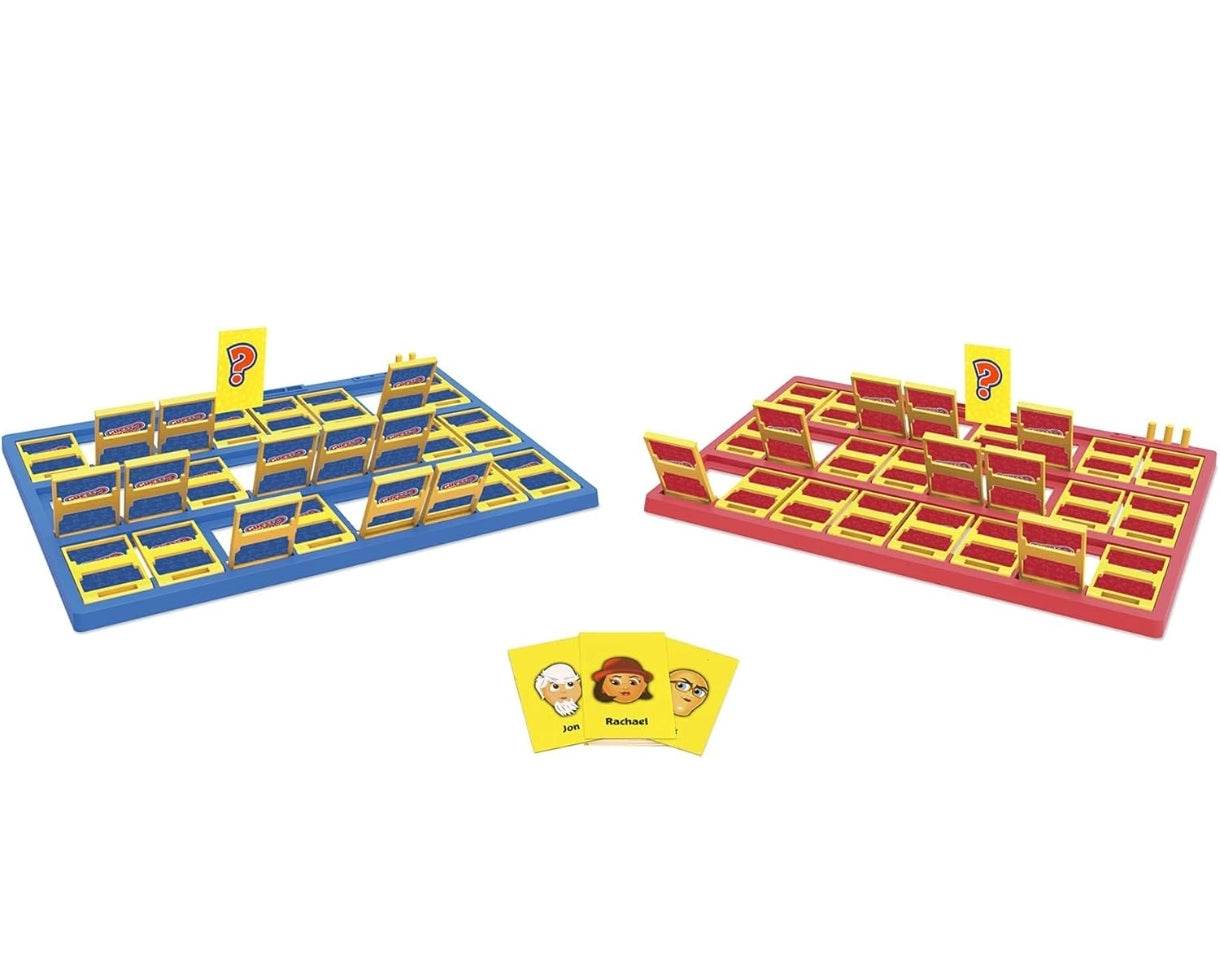 Hasbro Guess Who board game with red and blue player boards and character cards