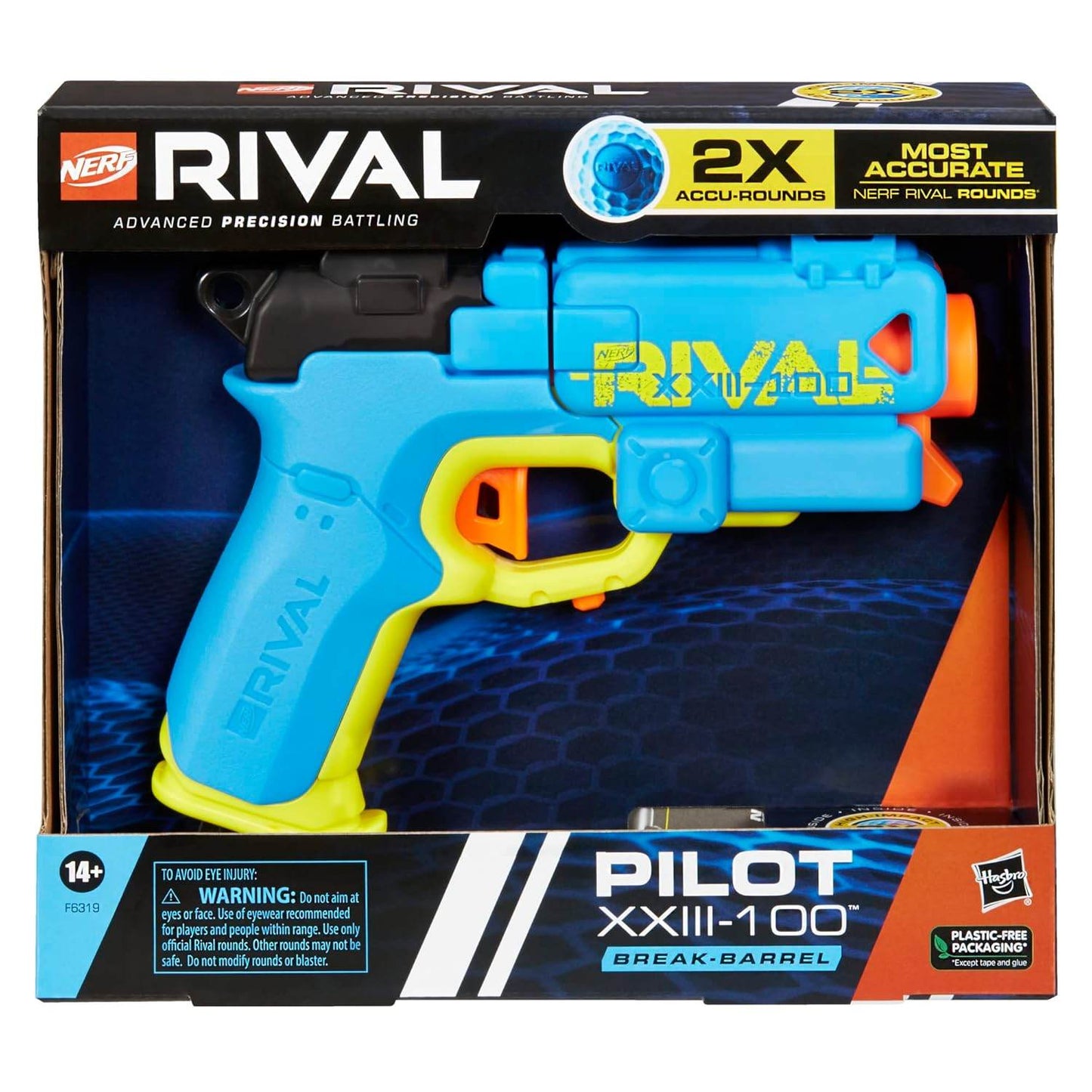 Nerf Rival Pilot blaster in blue and yellow with break-barrel design in original packaging