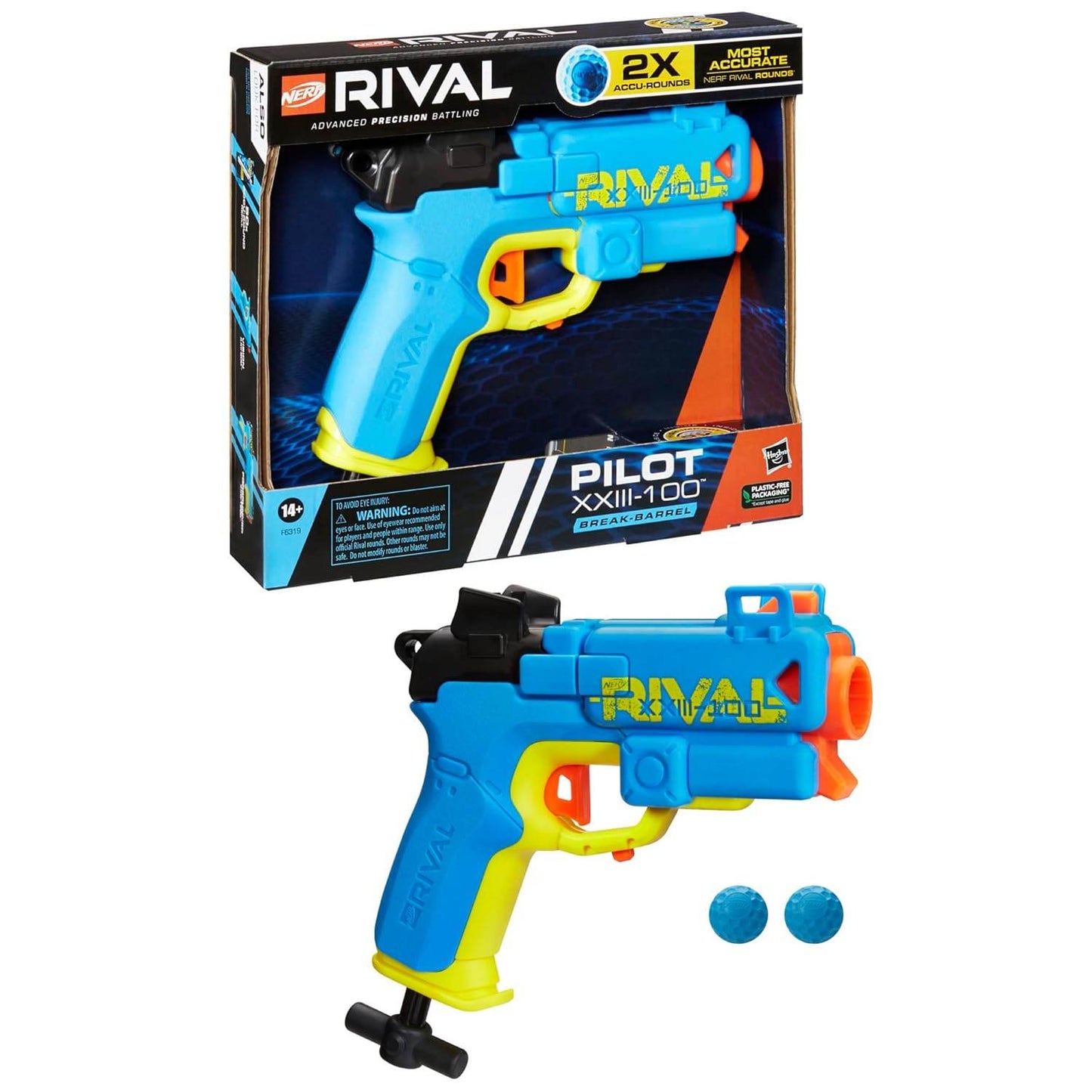 Nerf Rival Pilot blaster in blue and yellow with two blue foam balls and packaging box