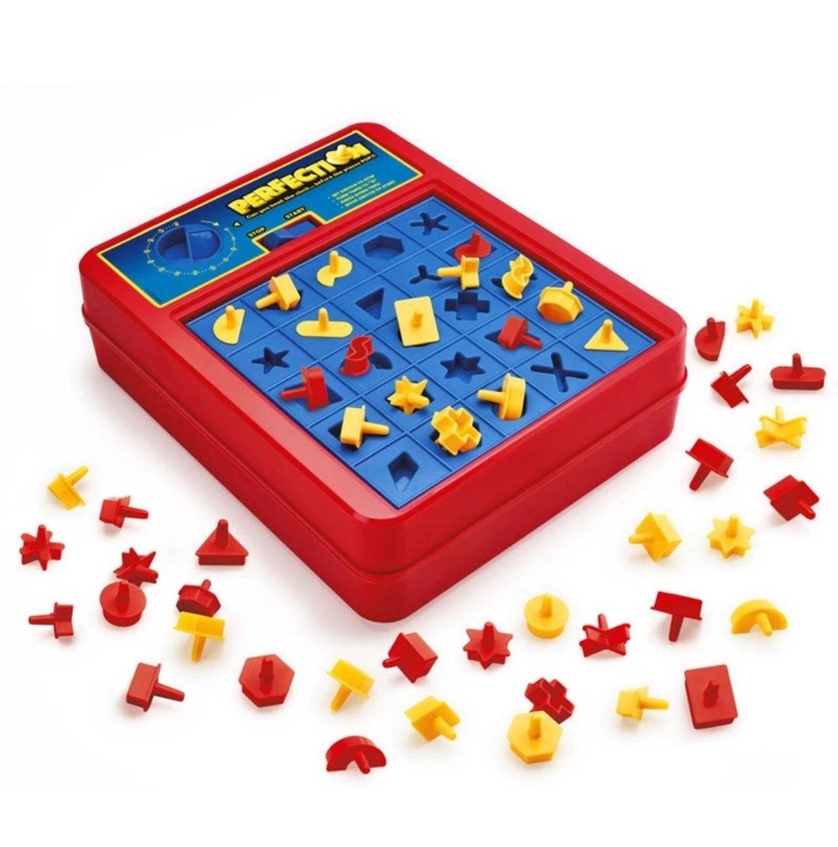 Hasbro Perfection board game for kids with red and blue game tray and yellow and red shaped pieces