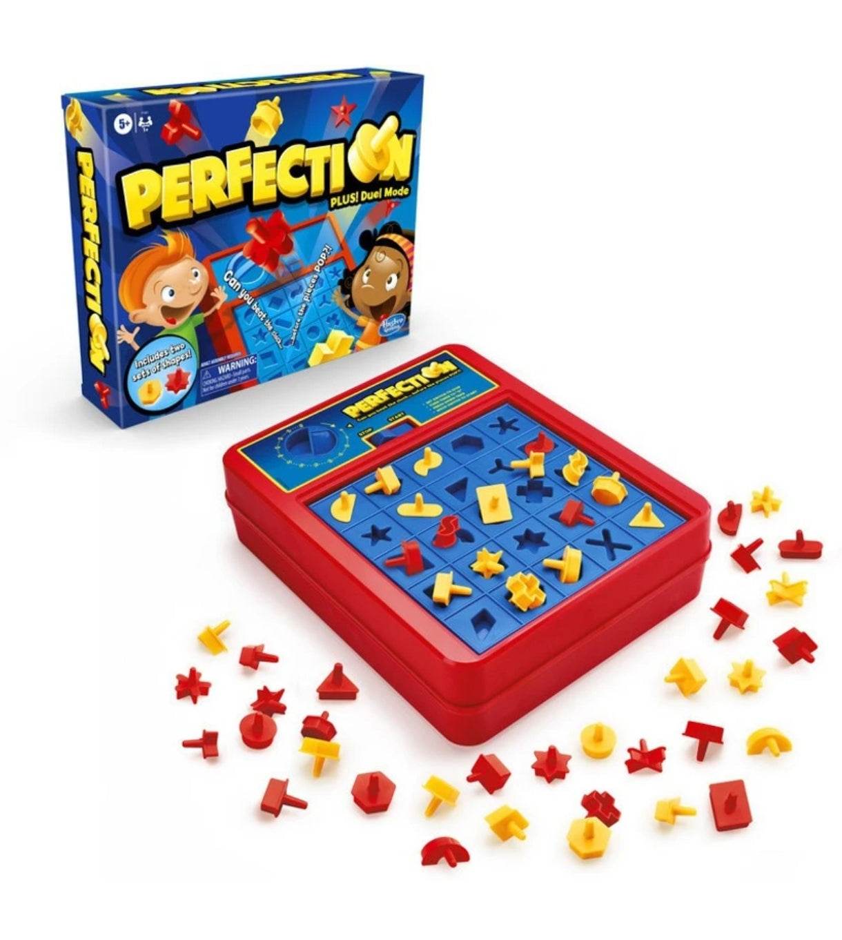 Hasbro Perfection board game for kids with red and yellow shapes and blue game base
