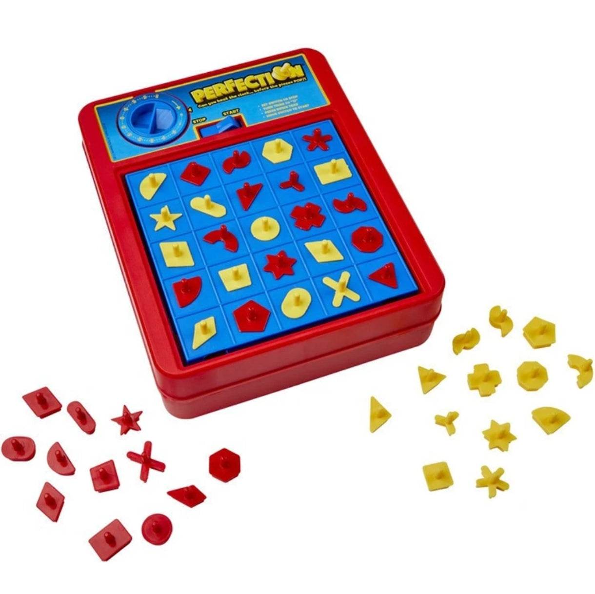 Hasbro Perfection board game for kids with red and yellow shaped pieces and a blue timer