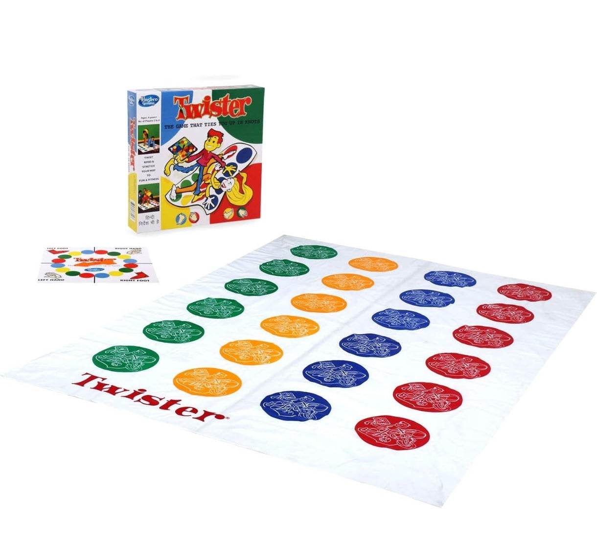 Hasbro Twister game for kids with colorful red green yellow and blue circles and spinner board