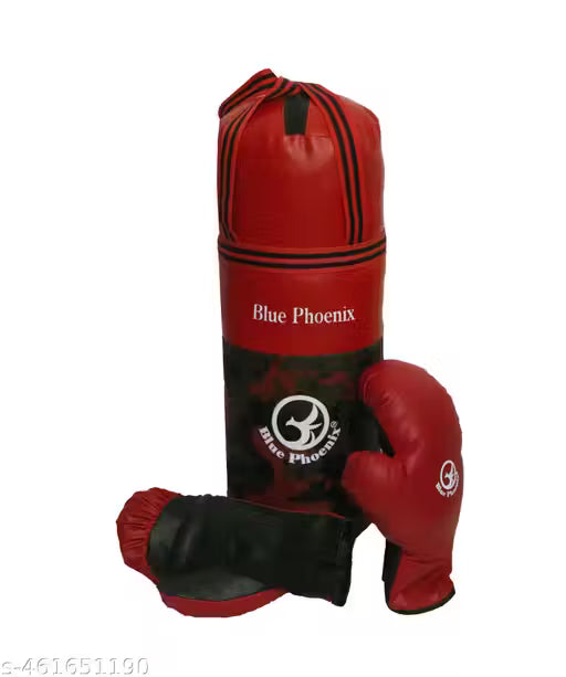 Red and black punching bag with matching gloves on a white background