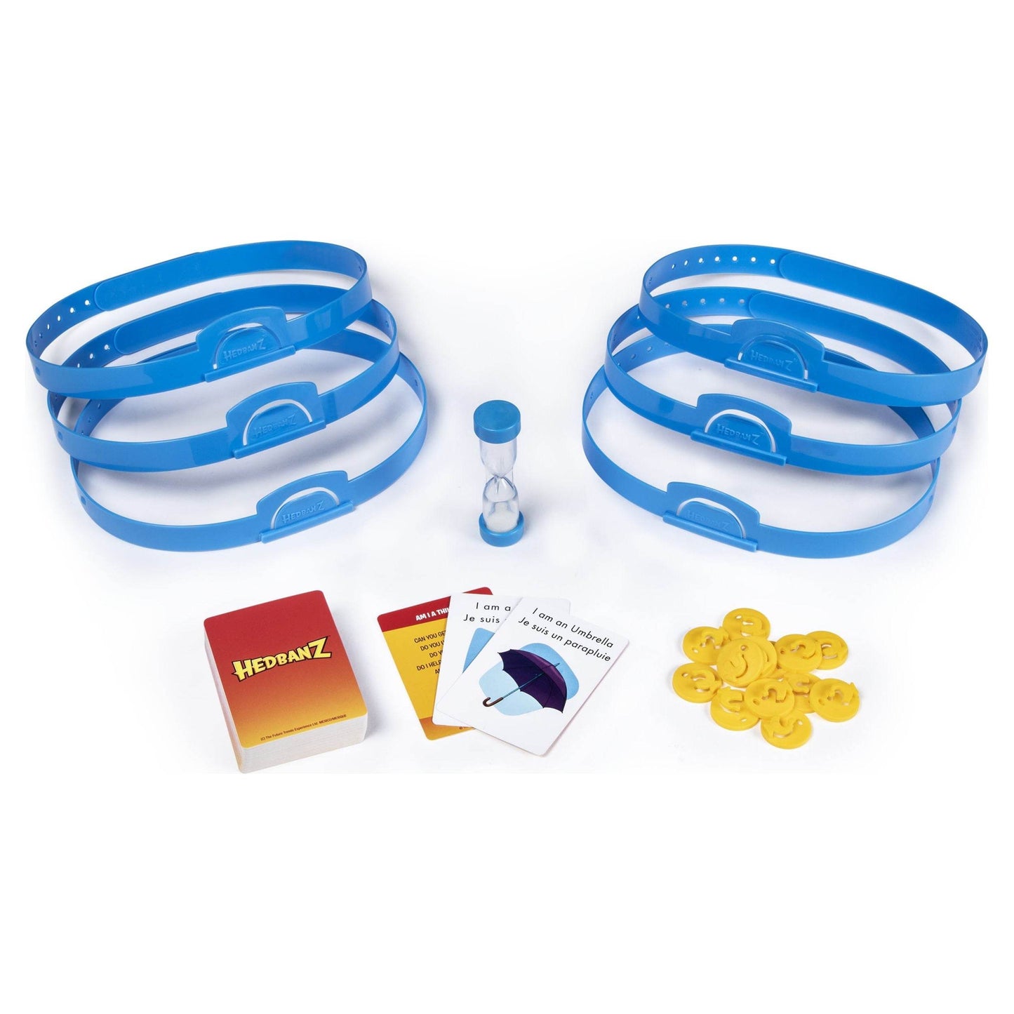 Hasbro Hedbanz family game India with blue headbands, cards, yellow tokens, and timer for family fun