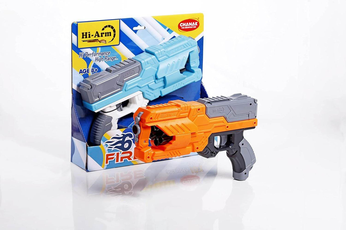 Six dart rotating drum toy gun in orange and gray with blue packaging by T-Rex the toyland Sitamarhi