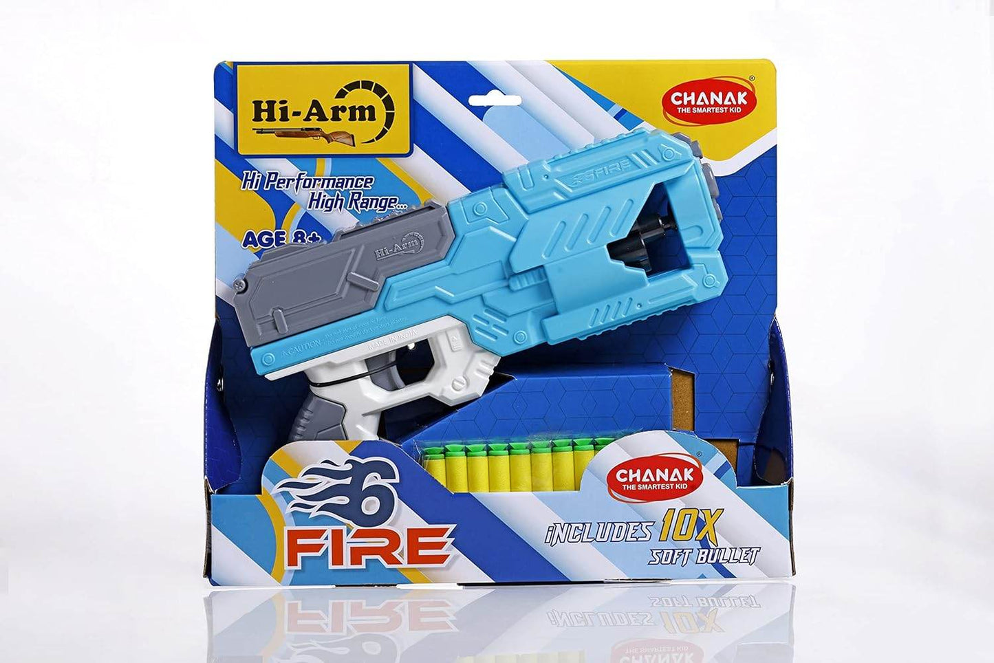 Hi-Arm six dart rotating drum toy gun in blue and gray with included soft bullets in packaging