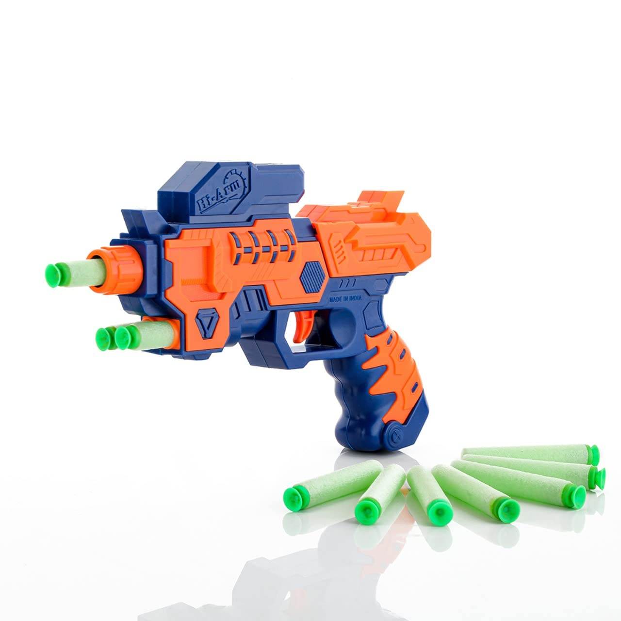 Bright orange and blue soft bullet gun for kids with multiple green foam darts included