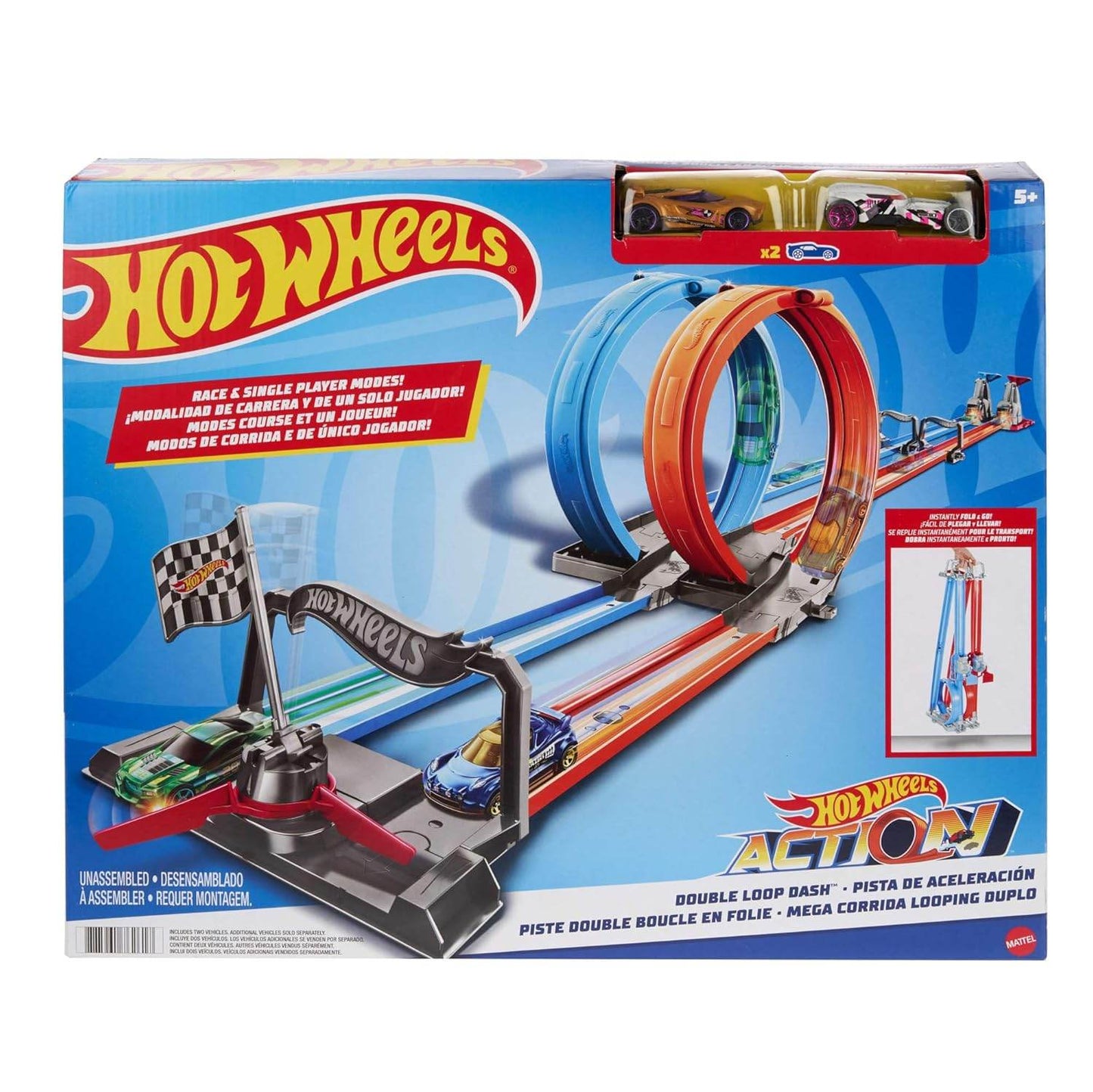 Hot Wheels Action Dual Loop Dash race track set with two loops and two cars by T-Rex the toyland Sitamarhi