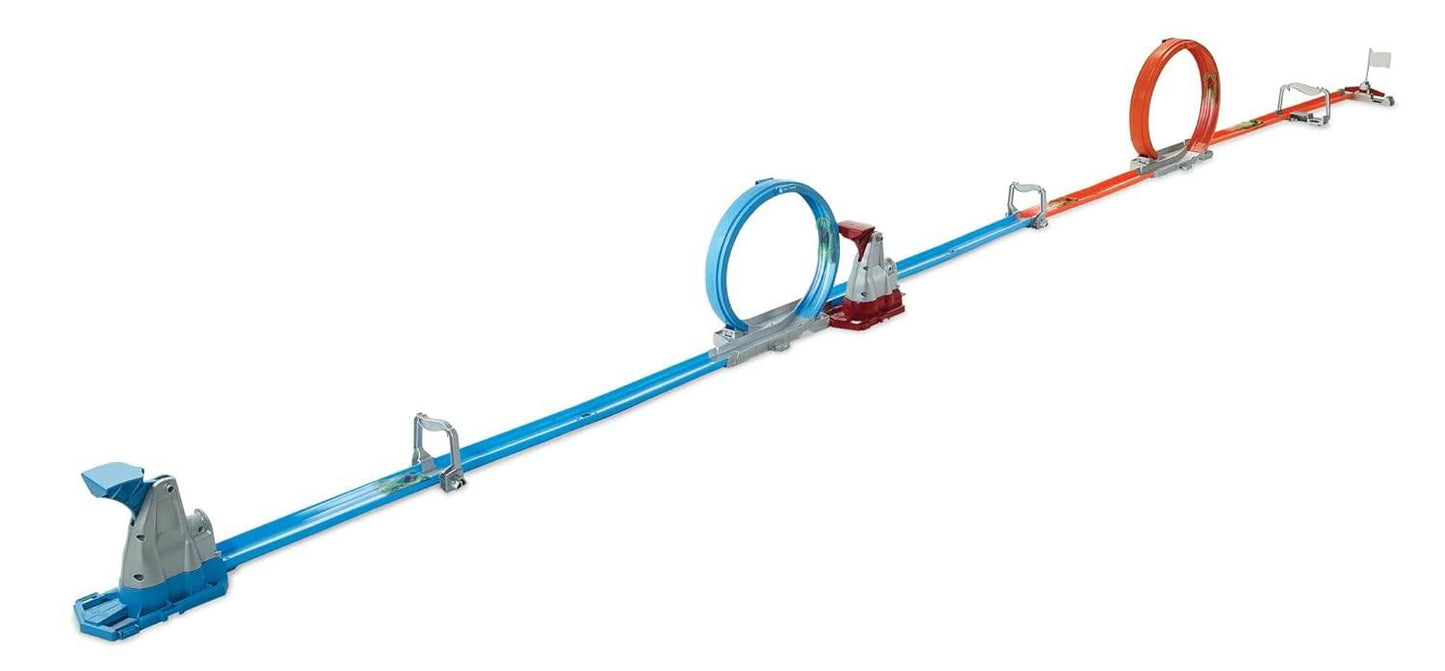Hot Wheels Action Dual Loop Dash race track set with blue and orange loops for high-speed car racing