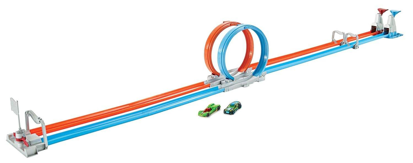 Hot Wheels Action Dual Loop Dash race track set with two orange and blue loops and two toy cars